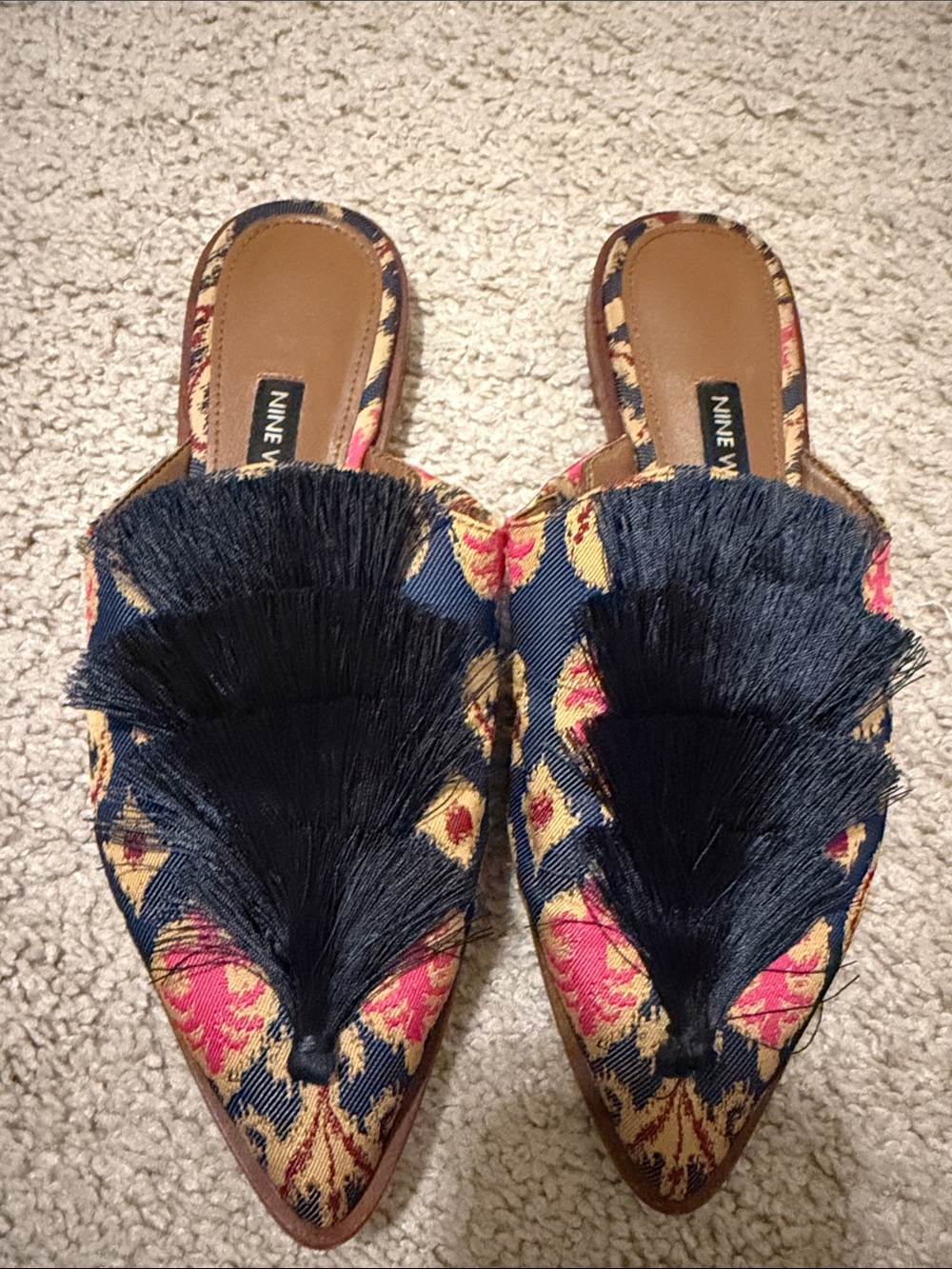 Nine West Navy Floral Tassel Pointed Toe Mules